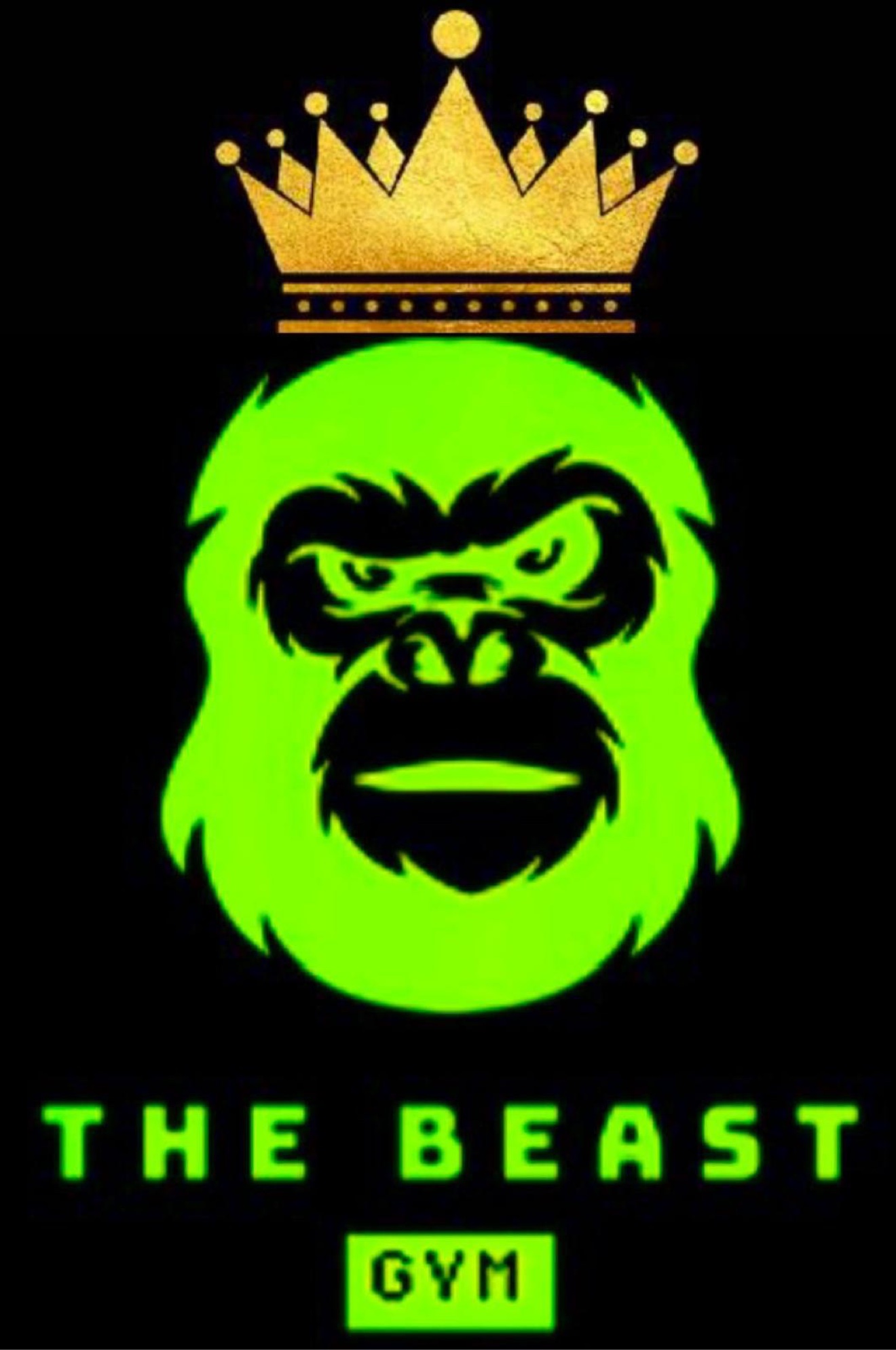 Logo de THE BEAST GYM: gorila verde neón con corona dorada